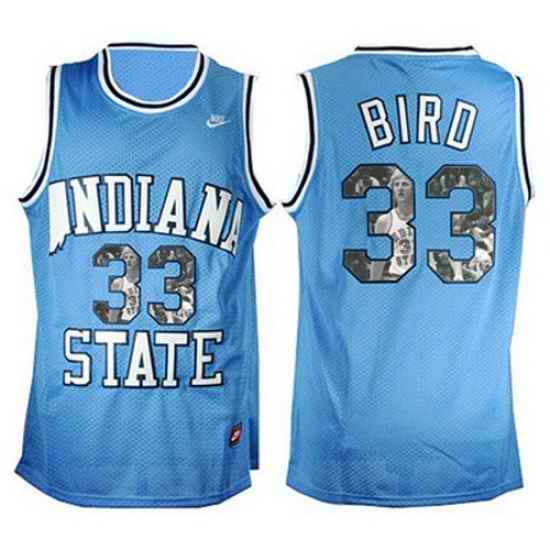 Indiana State Sycamores 33 Larry Bird Blue With Portrait Print College Basketball Jersey